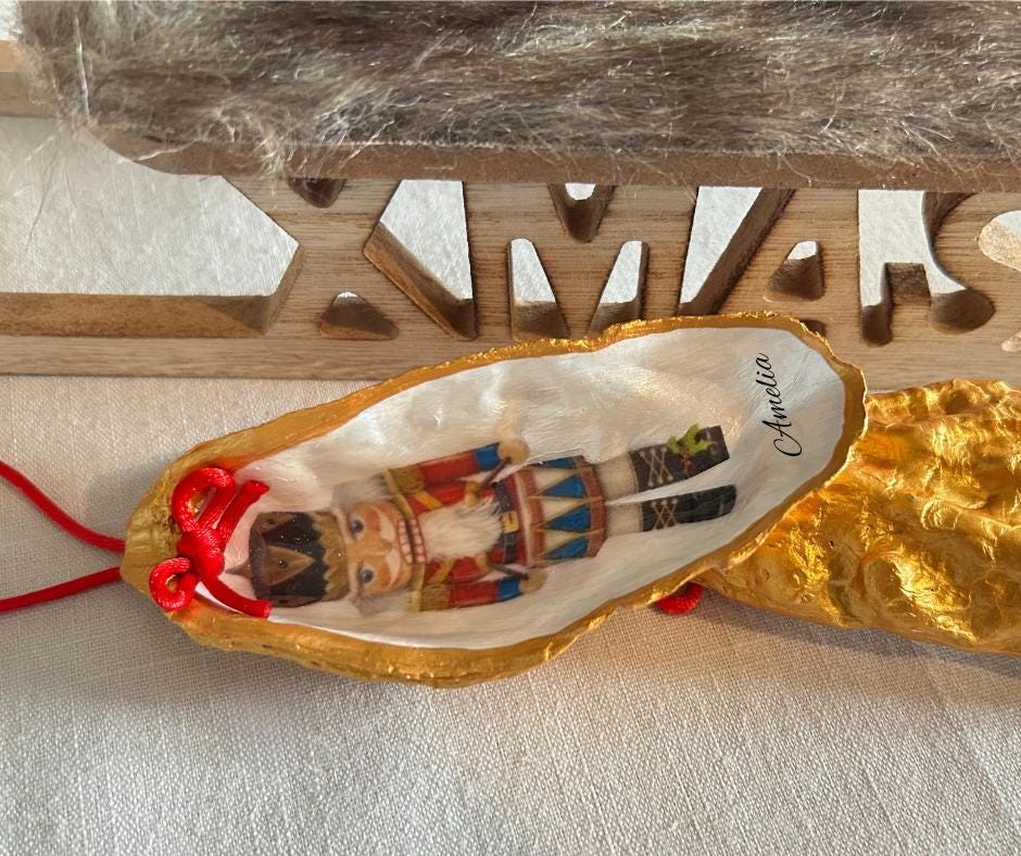 Personalised Nutcracker Oyster Shell Hanging Bauble. Festive Gold Christmas Soldier Tree Decoration.
