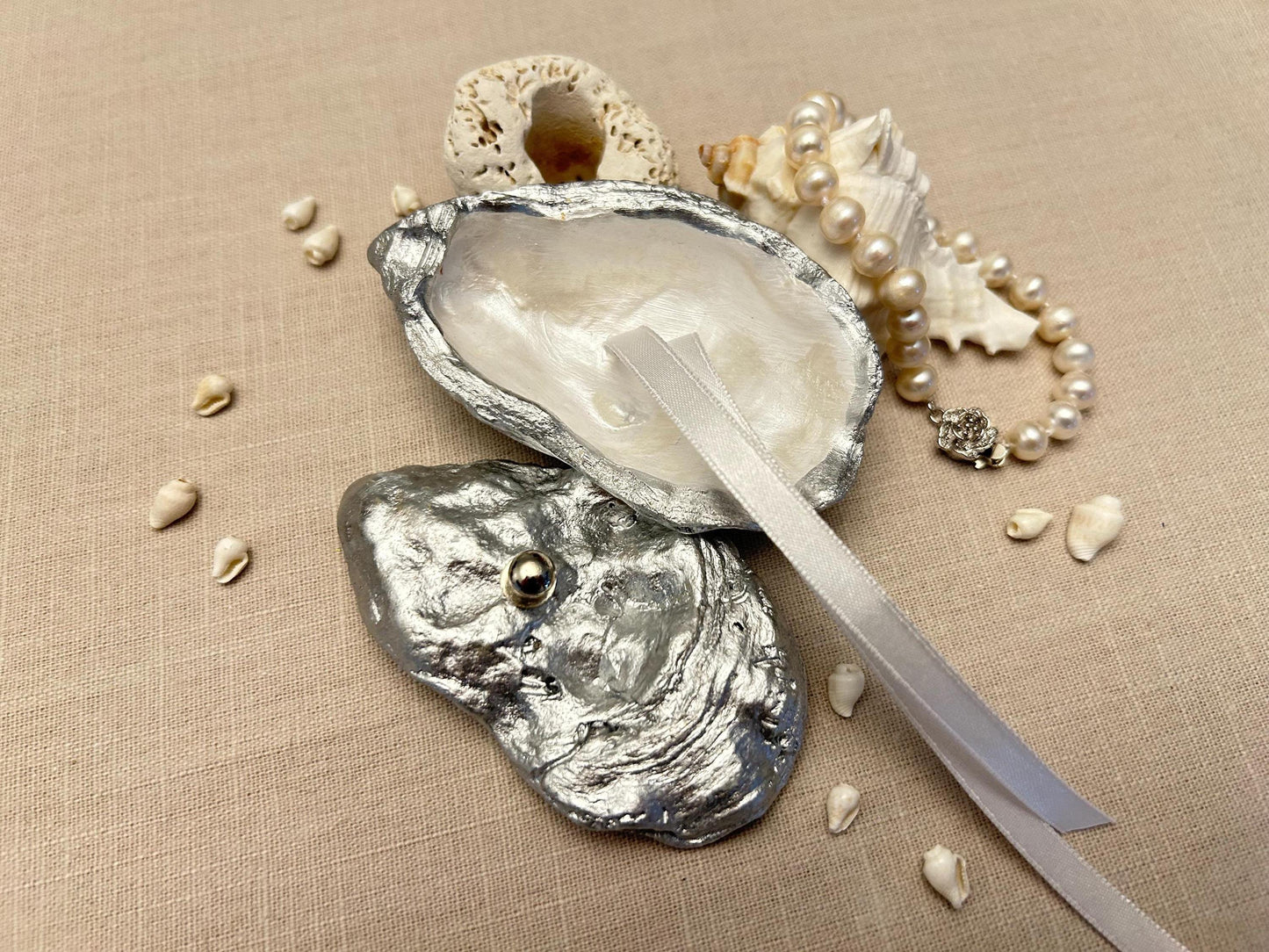 Silver Oyster Shell Ring Box. Beach Wedding Ring Bearer Holder.