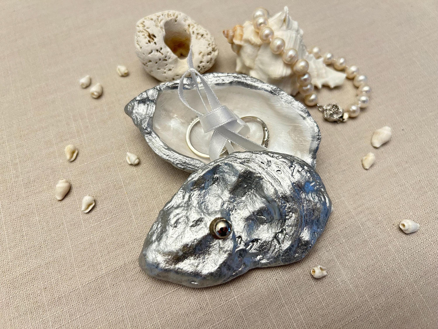 Silver Oyster Shell Ring Box. Beach Wedding Ring Bearer Holder.
