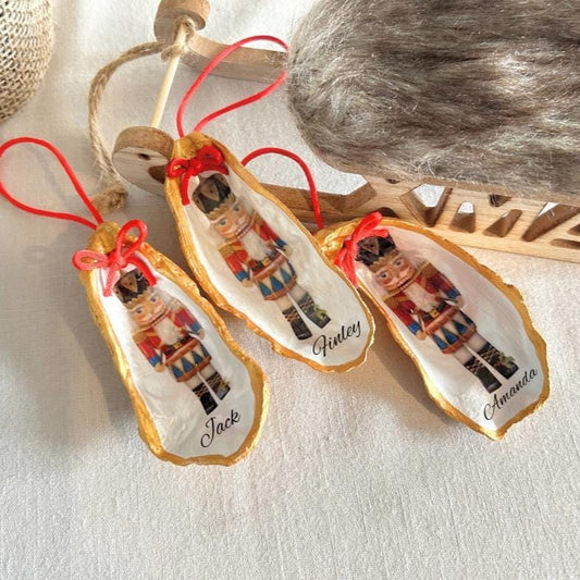 Personalised Nutcracker Oyster Shell Hanging Bauble. Festive Gold Christmas Soldier Tree Decoration.