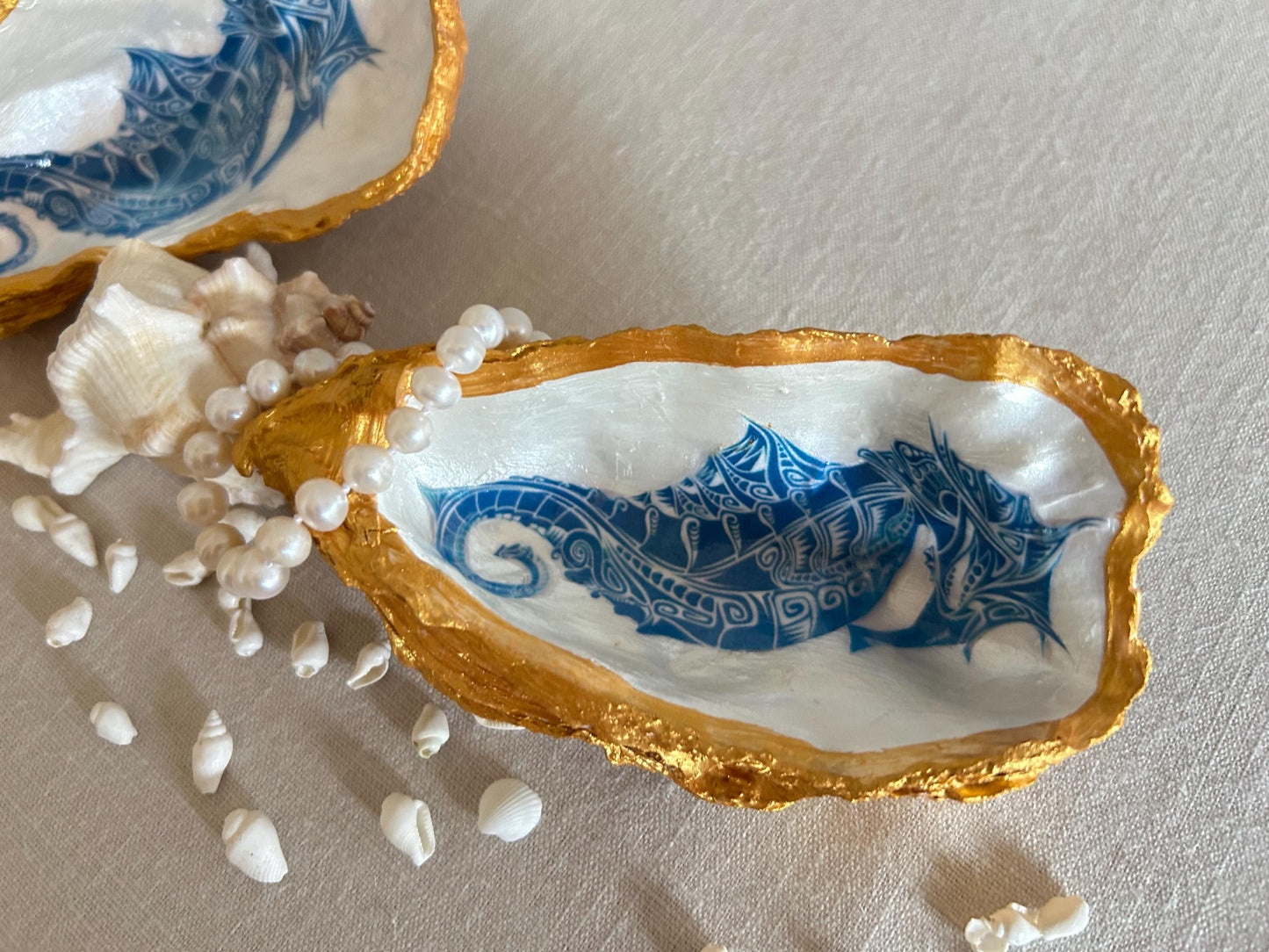 Seahorse oyster shell decorative dish. Bathroom sea-life accessory. Blue and gold seahorse gift. Nautical beach storage, bathroom ring dish.