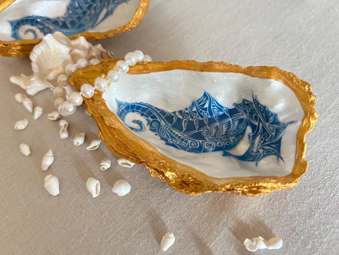 Seahorse oyster shell decorative dish. Bathroom sea-life accessory. Blue and gold seahorse gift. Nautical beach storage, bathroom ring dish.