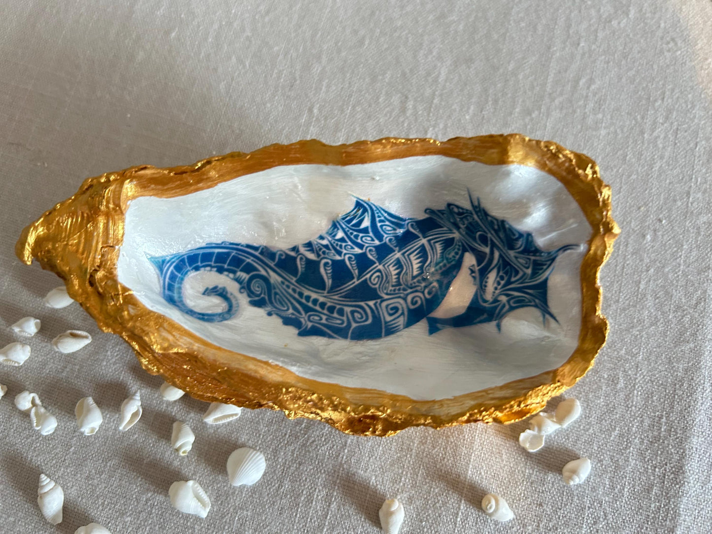 Seahorse oyster shell decorative dish. Bathroom sea-life accessory. Blue and gold seahorse gift. Nautical beach storage, bathroom ring dish.