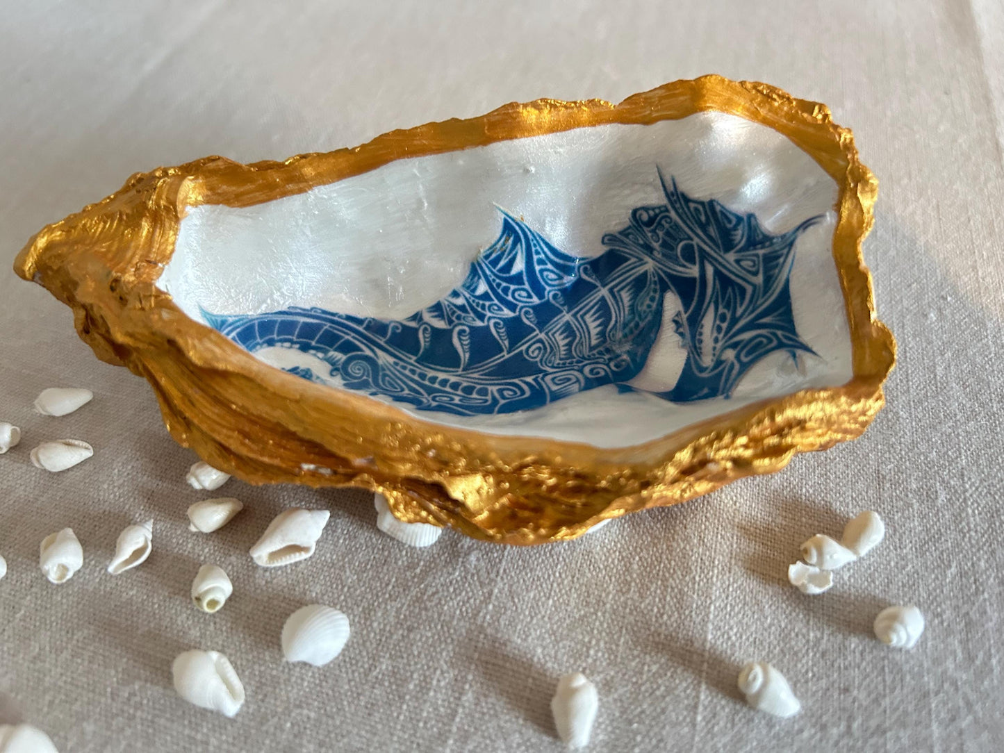 Seahorse oyster shell decorative dish. Bathroom sea-life accessory. Blue and gold seahorse gift. Nautical beach storage, bathroom ring dish.