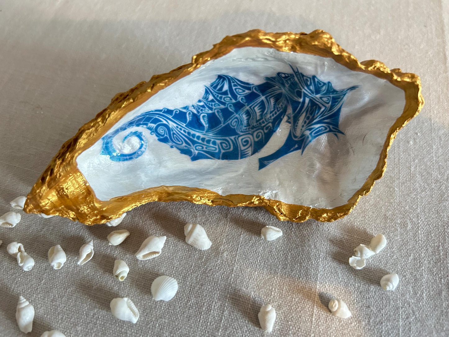 Seahorse oyster shell decorative dish. Bathroom sea-life accessory. Blue and gold seahorse gift. Nautical beach storage, bathroom ring dish.