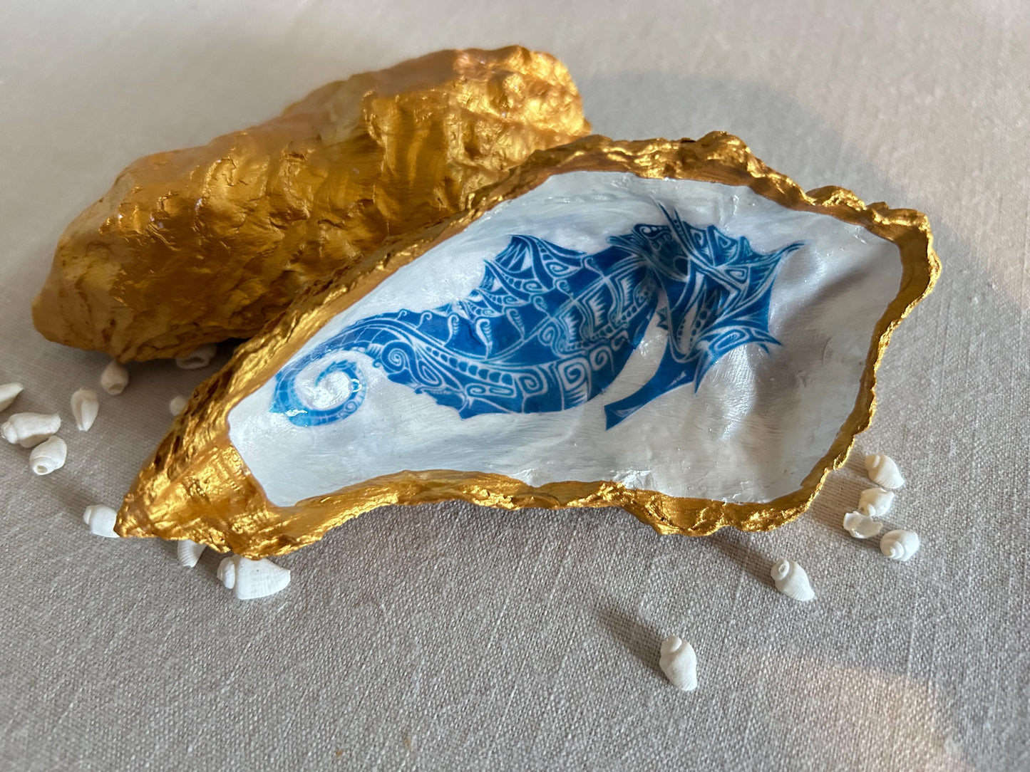 Seahorse oyster shell decorative dish. Bathroom sea-life accessory. Blue and gold seahorse gift. Nautical beach storage, bathroom ring dish.