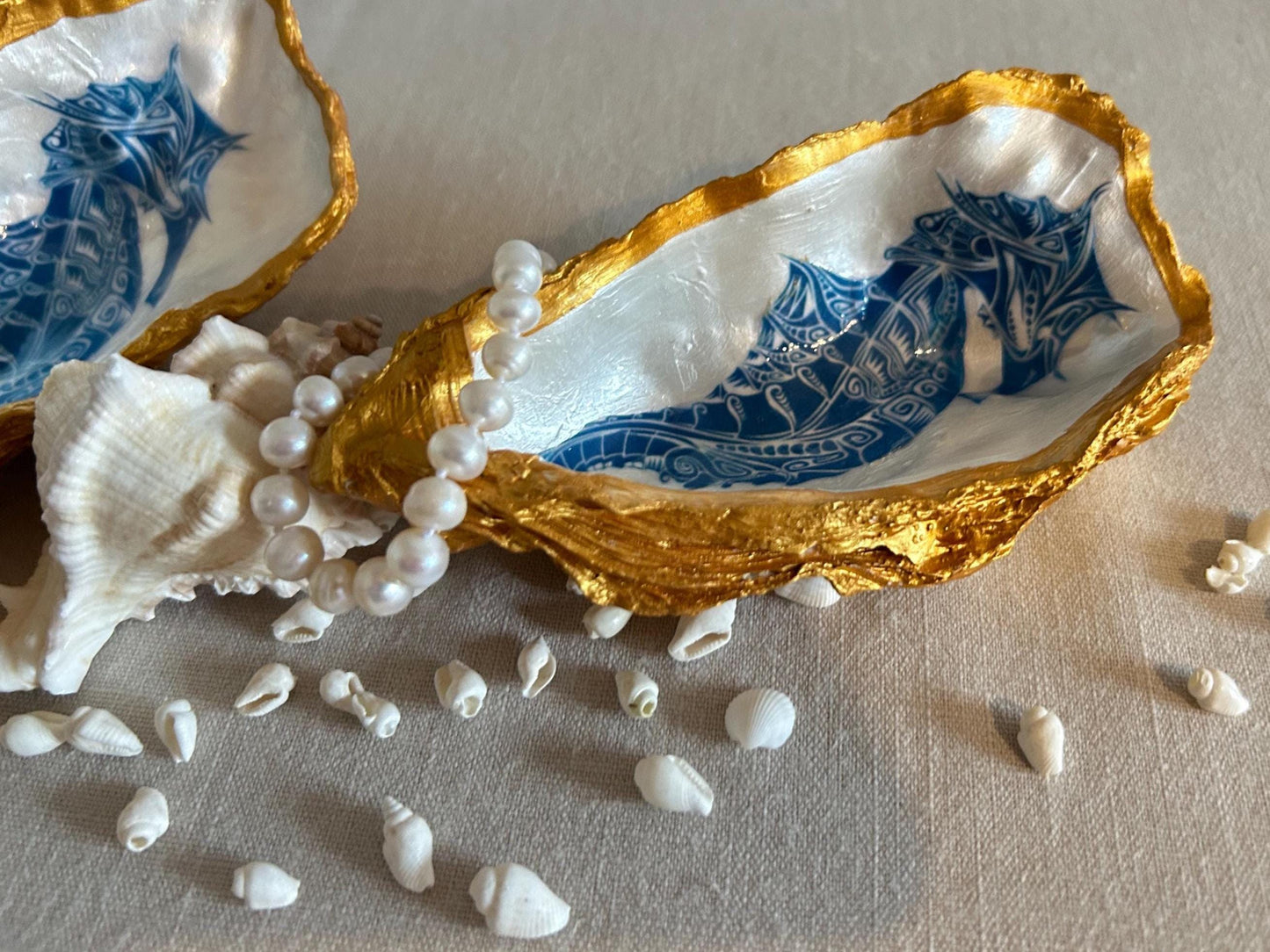 Seahorse oyster shell decorative dish. Bathroom sea-life accessory. Blue and gold seahorse gift. Nautical beach storage, bathroom ring dish.
