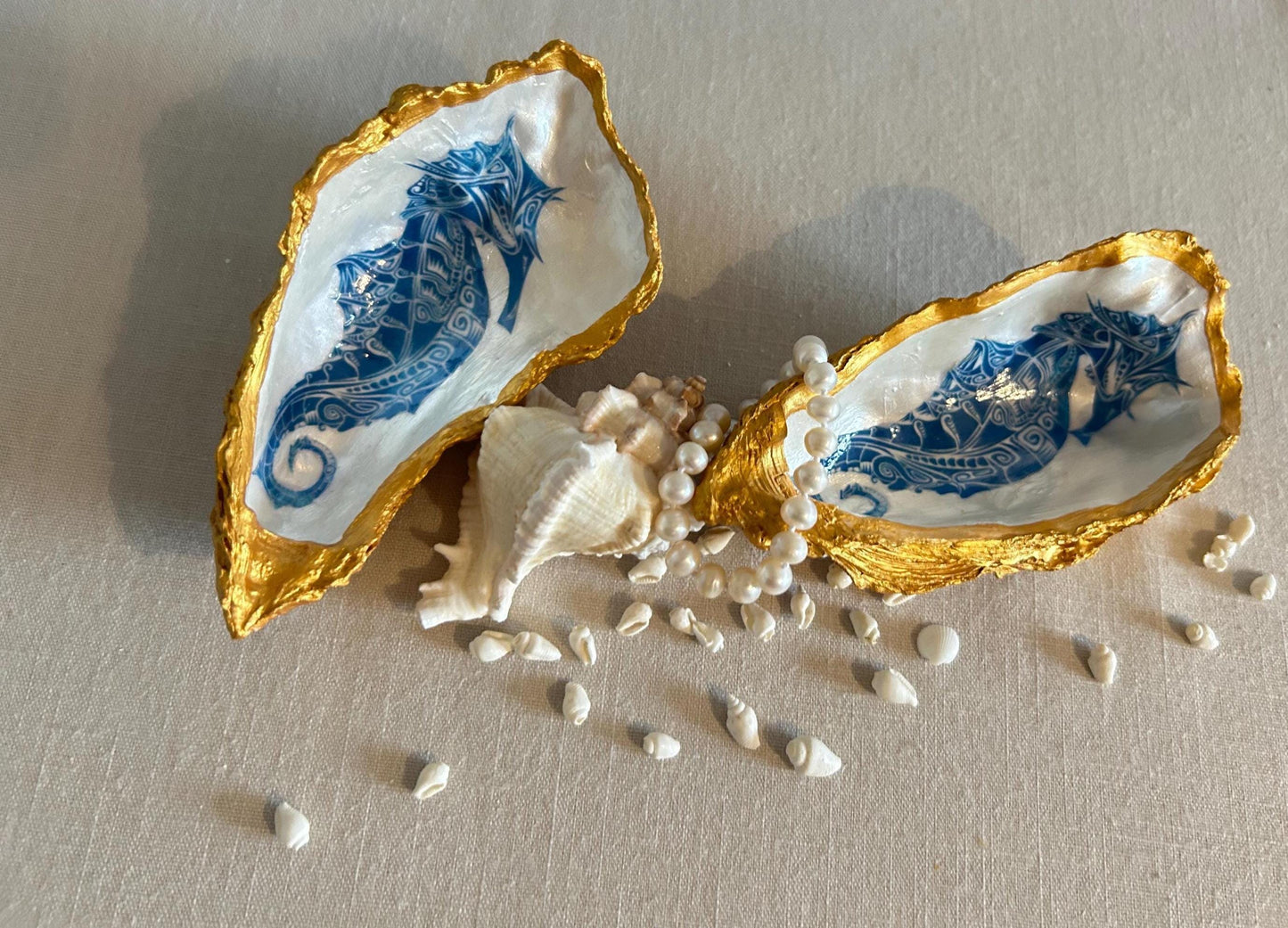 Seahorse oyster shell decorative dish. Bathroom sea-life accessory. Blue and gold seahorse gift. Nautical beach storage, bathroom ring dish.