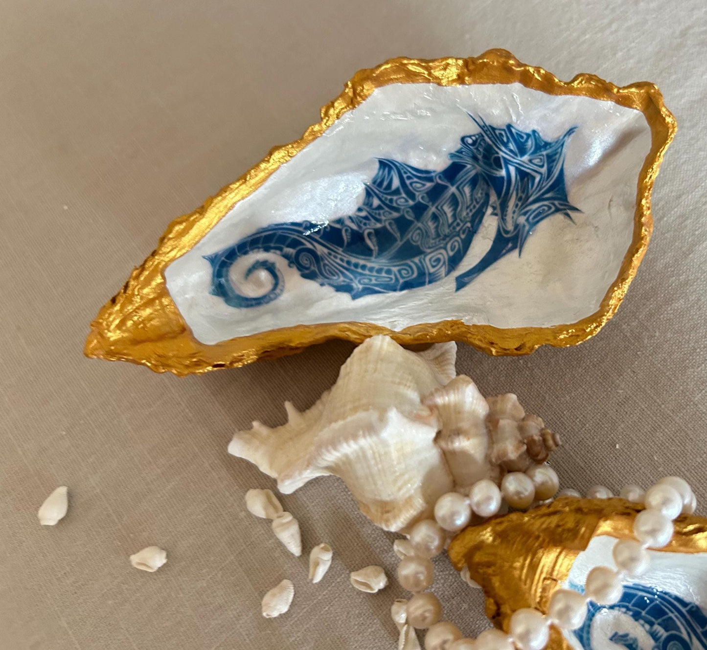 Seahorse oyster shell decorative dish. Bathroom sea-life accessory. Blue and gold seahorse gift. Nautical beach storage, bathroom ring dish.