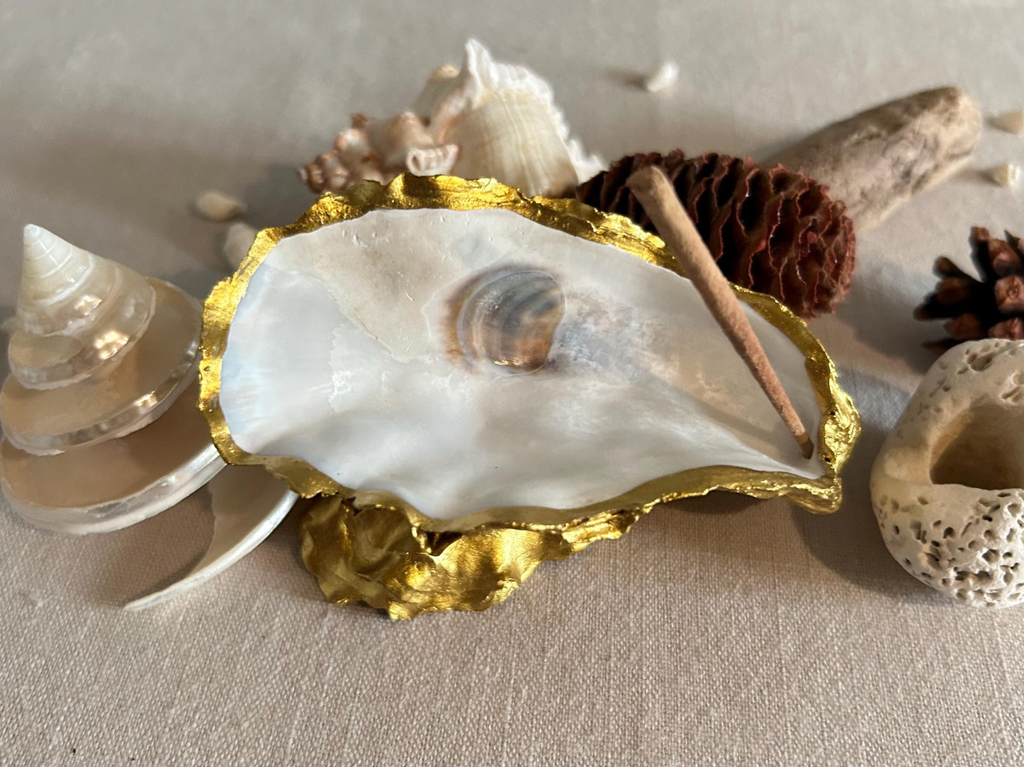 Gold Oyster Shell Incense Burner. Sea Shell Decorative Holder for Home.