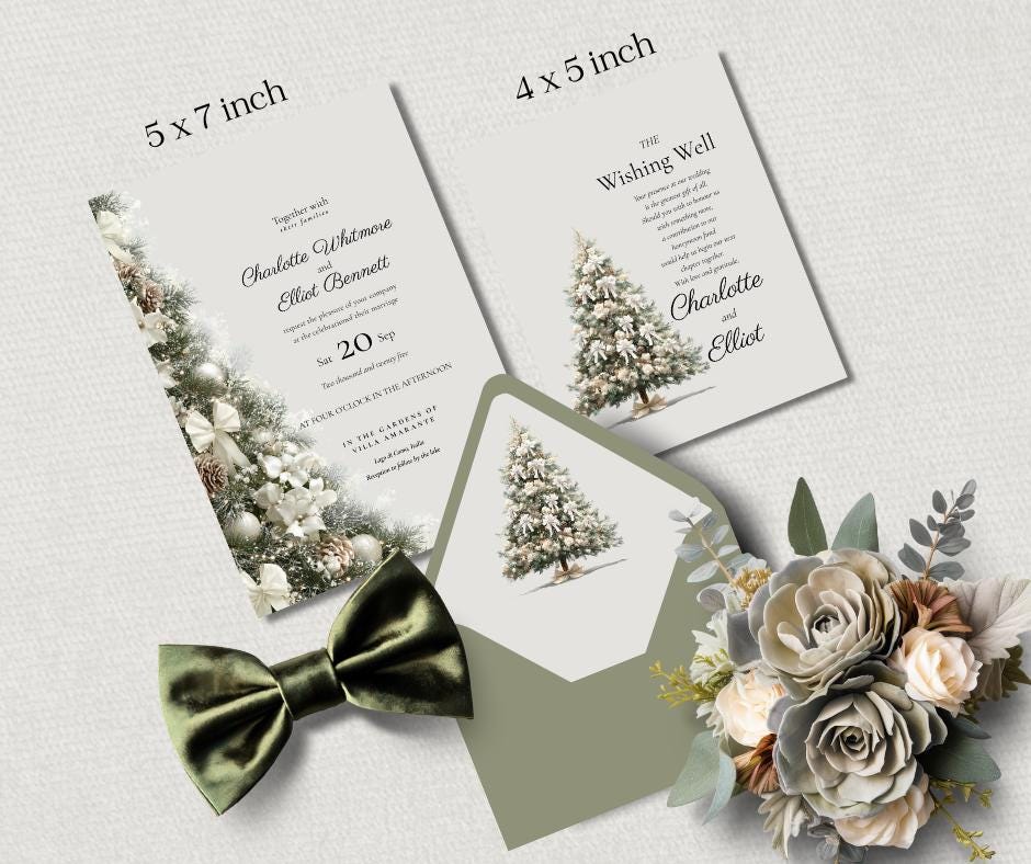 Winter Wedding Invitation Bundle. Christmas Tree Wedding Suite. Holiday Celebration Digital Download Template.