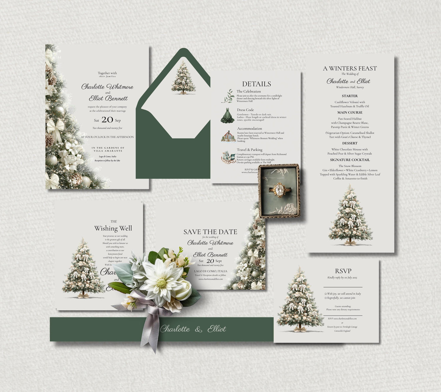 Winter Wedding Invitation Bundle. Christmas Tree Wedding Suite. Holiday Celebration Digital Download Template.