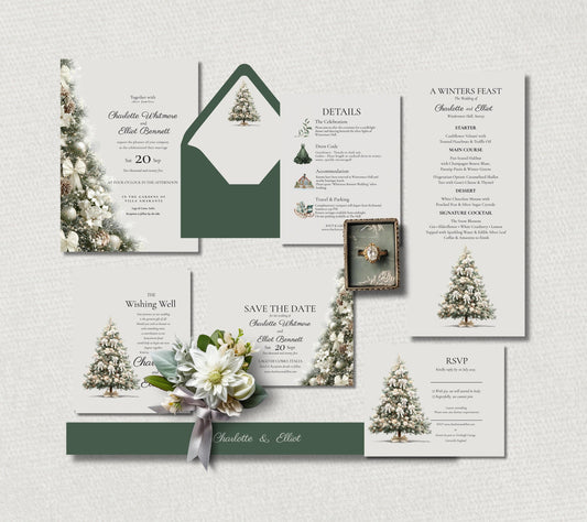 Winter Wedding Invitation Bundle. Christmas Tree Wedding Suite. Holiday Celebration Digital Download Template.