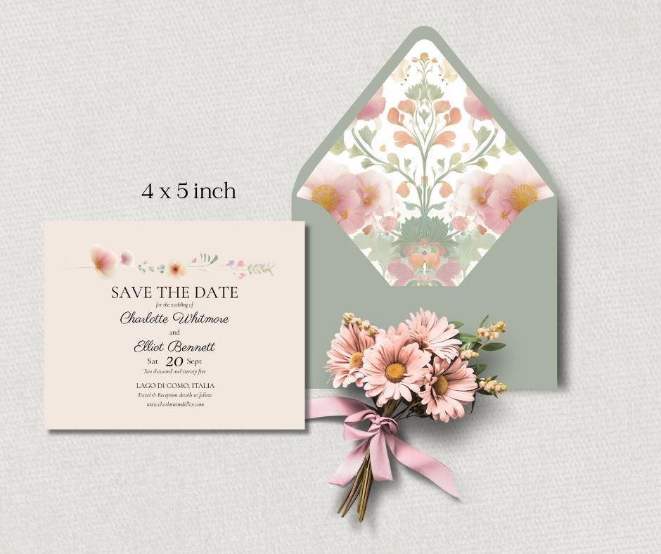 Peach and Sage Floral Wedding Invitation Suite. Editable Modern Botanical Bundle Template.