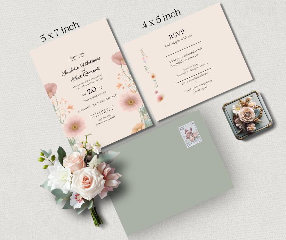 Peach and Sage Floral Wedding Invitation Suite. Editable Modern Botanical Bundle Template.