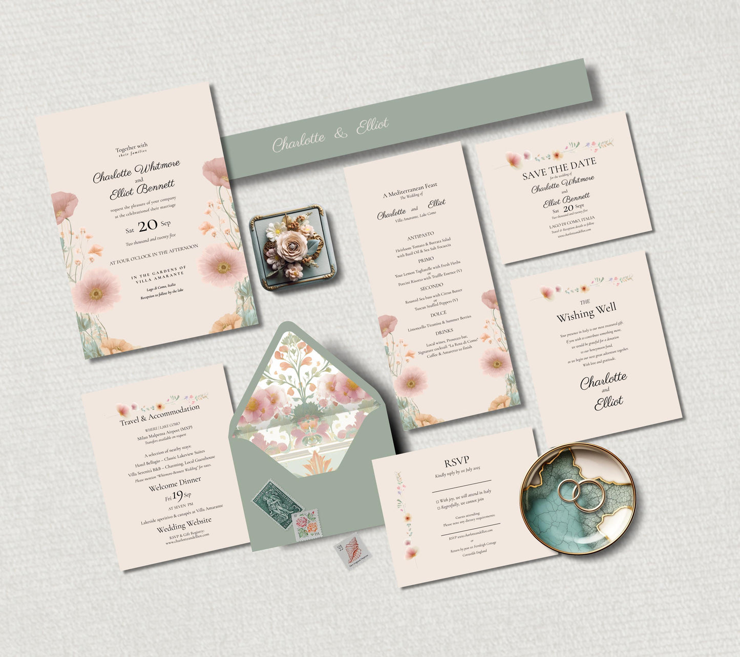 Peach and Sage Floral Wedding Invitation Suite. Editable Modern Botanical Bundle Template.