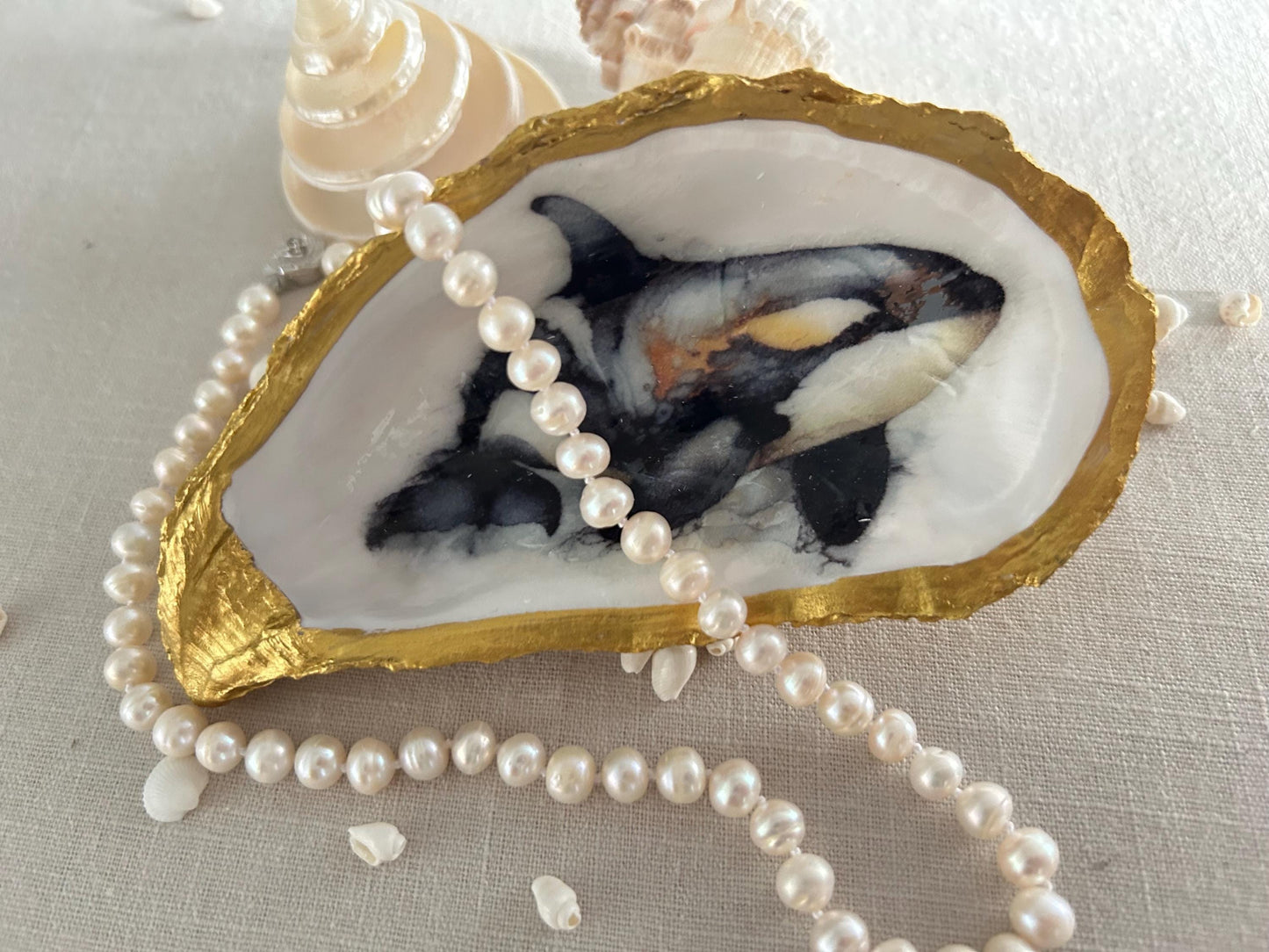 Gold Oyster Shell Dish. Decoupaged Orca Whale Jewellery Holder.