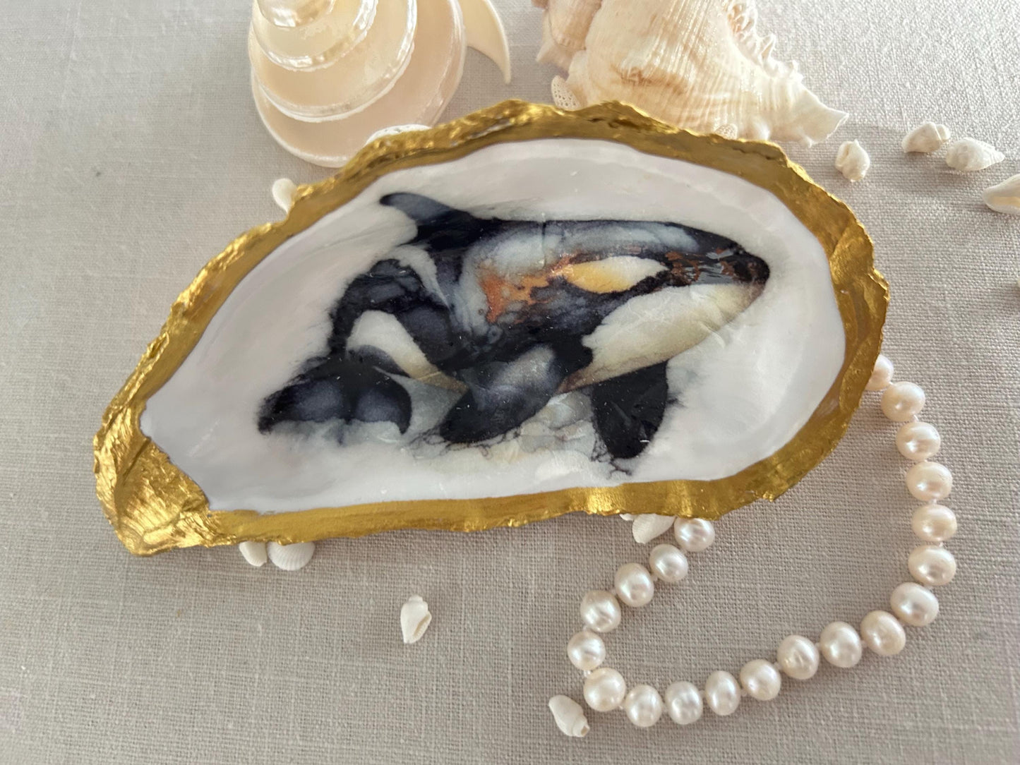 Gold Oyster Shell Dish. Decoupaged Orca Whale Jewellery Holder.