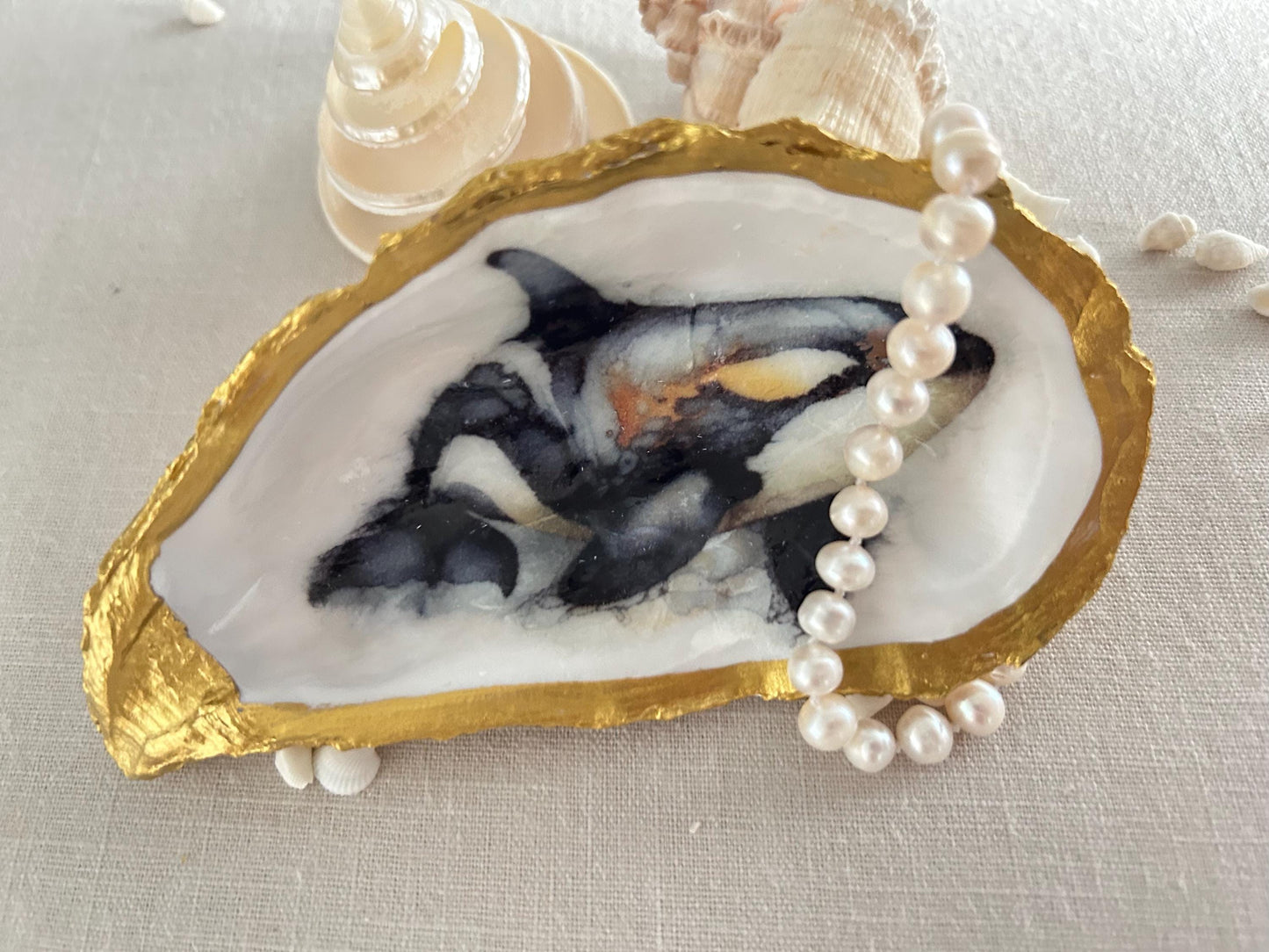 Gold Oyster Shell Dish. Decoupaged Orca Whale Jewellery Holder.