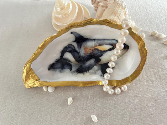 Gold Oyster Shell Dish. Decoupaged Orca Whale Jewellery Holder.