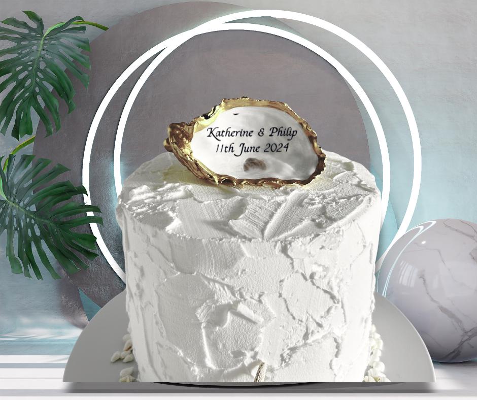 Personalised Gold Oyster Shell Topper. Small Wedding cake Decor. Last Toast on the Coast Party.