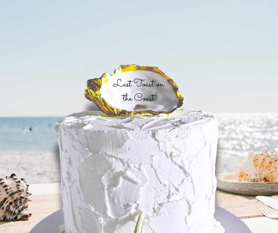 Personalised Gold Oyster Shell Topper. Small Wedding cake Decor. Last Toast on the Coast Party.