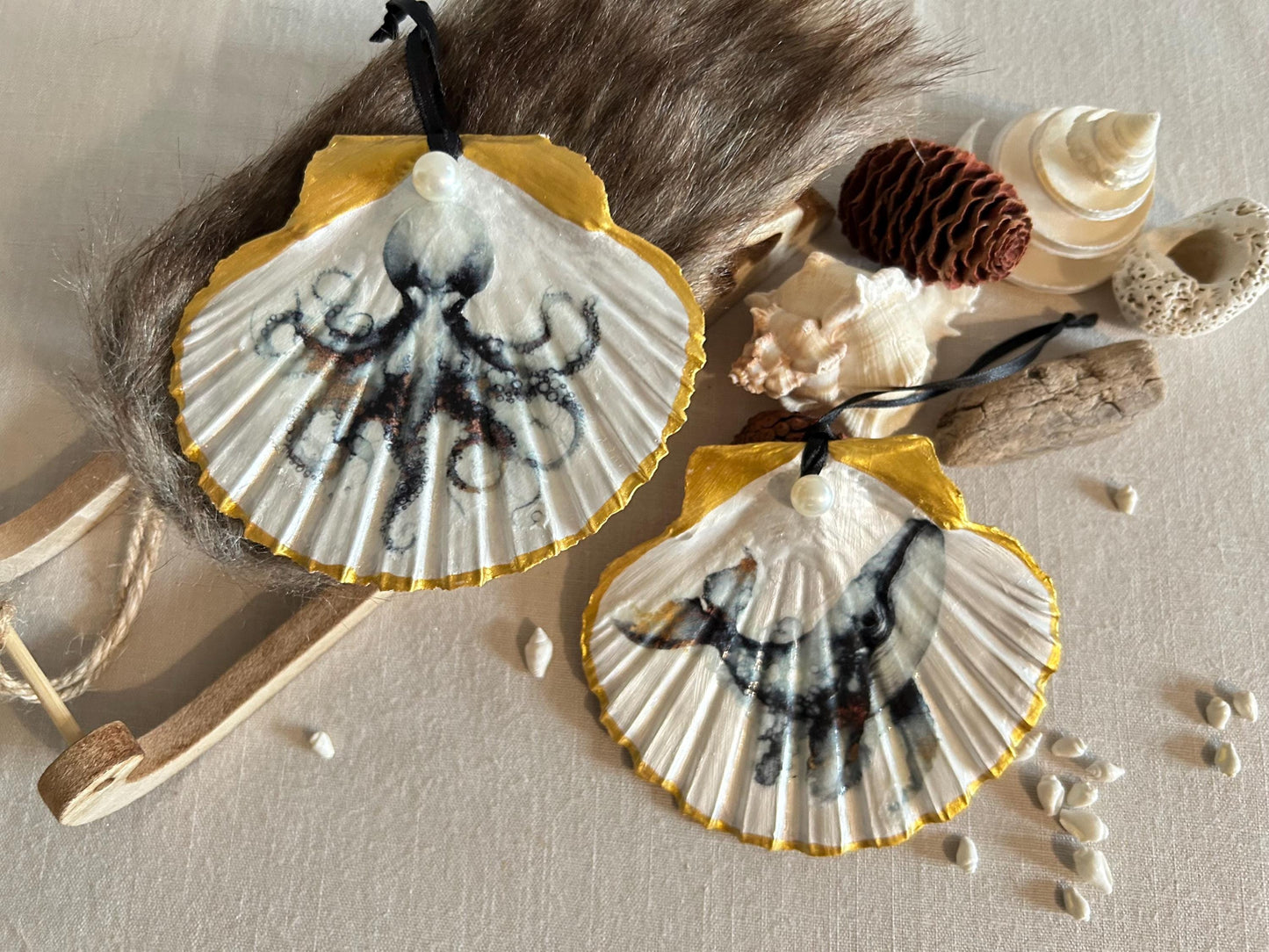 Coastal Christmas Tree Decorations. Octopus and Whale Scallop Shell Ornaments.