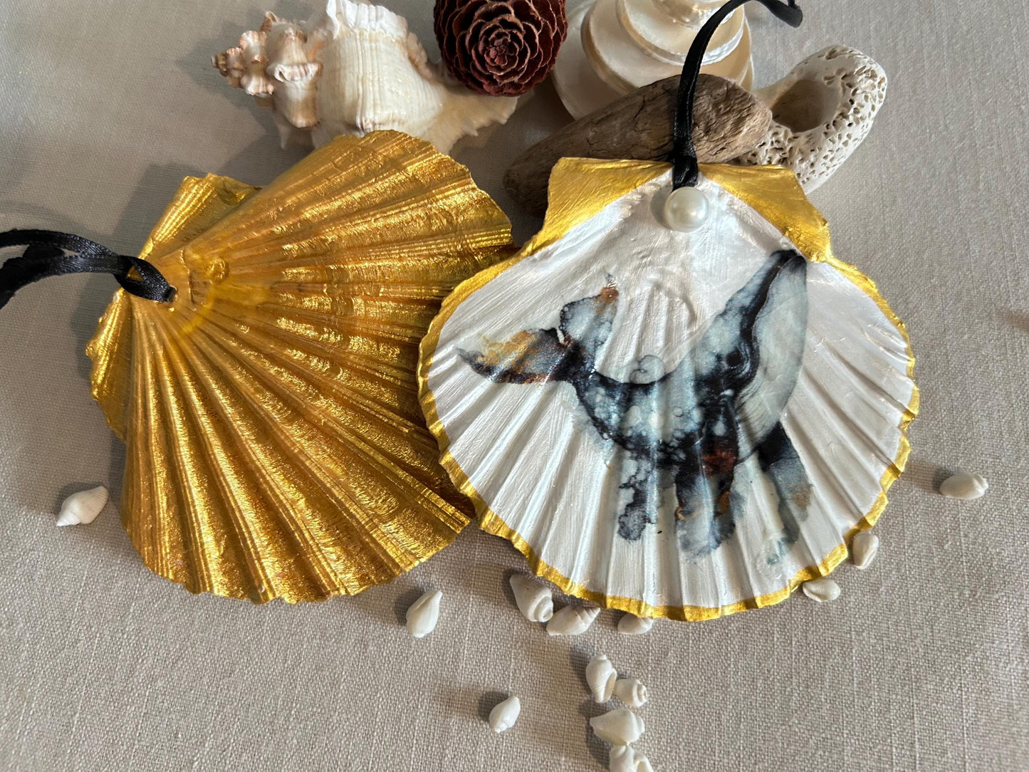 Coastal Christmas Tree Decorations. Octopus and Whale Scallop Shell Ornaments.