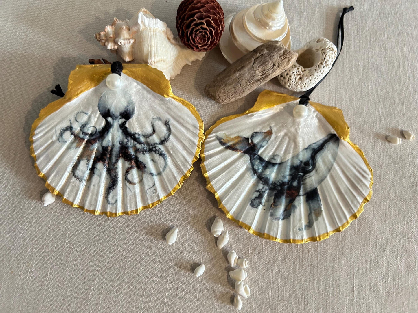 Coastal Christmas Tree Decorations. Octopus and Whale Scallop Shell Ornaments.