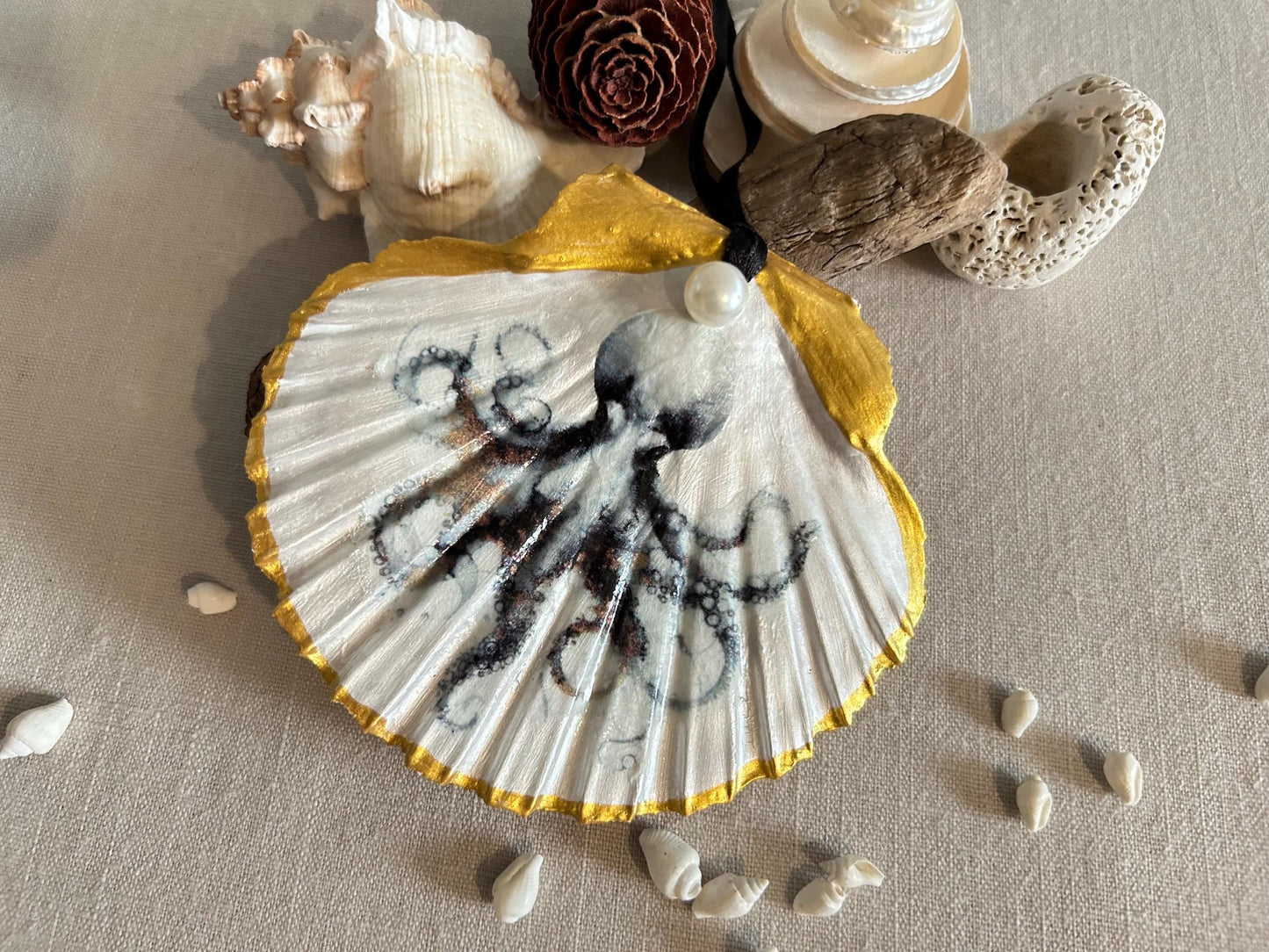 Coastal Christmas Tree Decorations. Octopus and Whale Scallop Shell Ornaments.