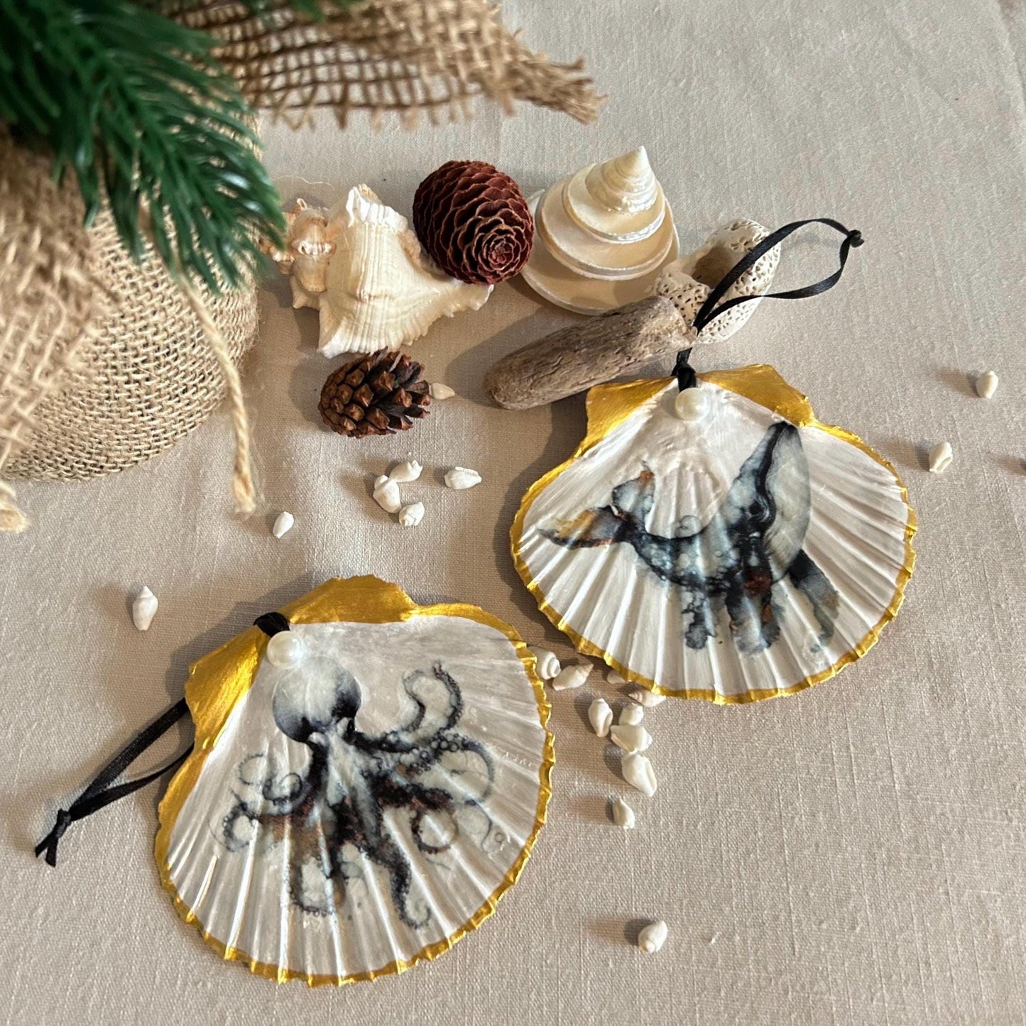 Coastal Christmas Tree Decorations. Octopus and Whale Scallop Shell Ornaments.