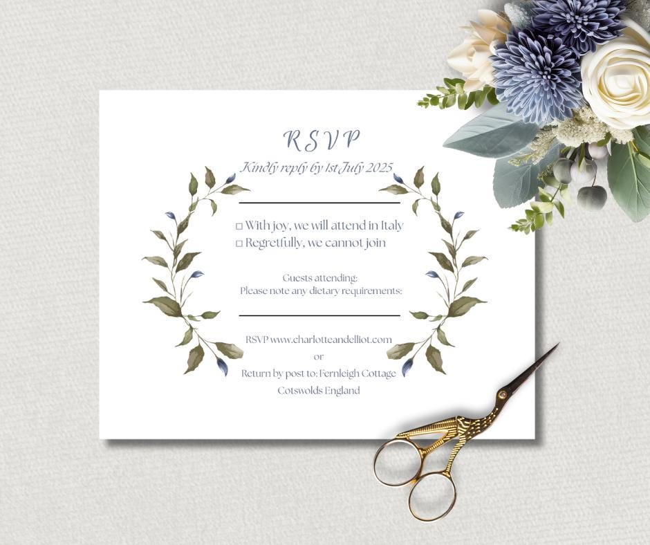 Olive and Dusty Blue Watercolour Wedding Invitation Suite. Editable Canva Template. Botanical Digital Download.