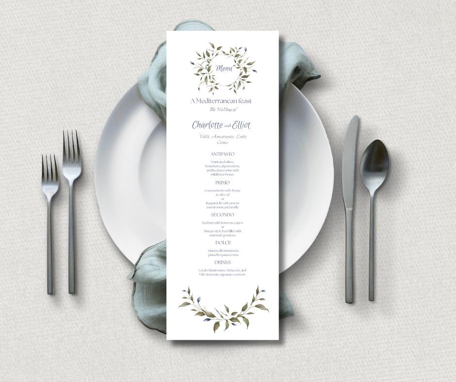 Olive and Dusty Blue Watercolour Wedding Invitation Suite. Editable Canva Template. Botanical Digital Download.