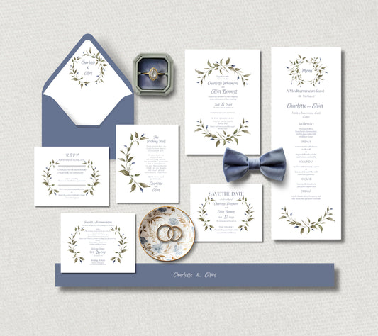 Olive and Dusty Blue Watercolour Wedding Invitation Suite. Editable Canva Template. Botanical Digital Download.