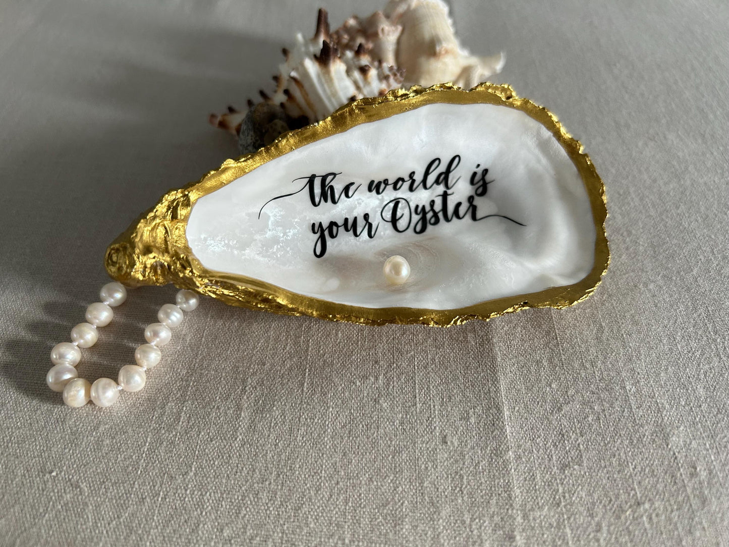 The World is your Oyster Gold Shell. Trinket Dish with Freshwater Pearl. Graduation Gift.