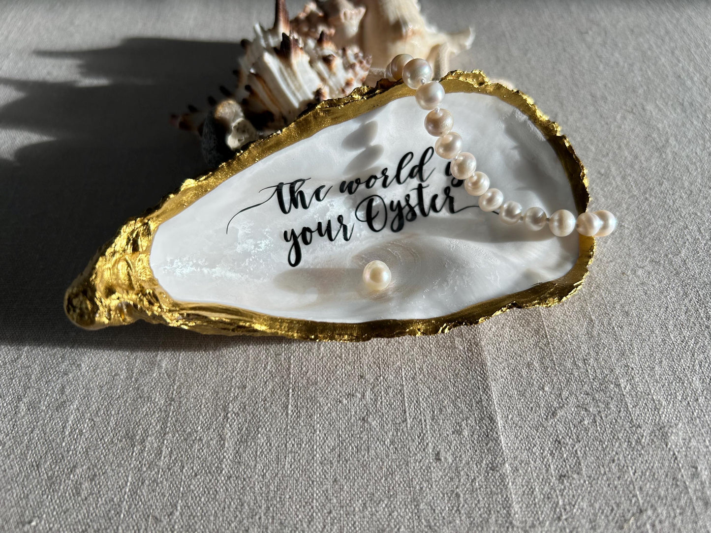The World is your Oyster Gold Shell. Trinket Dish with Freshwater Pearl. Graduation Gift.