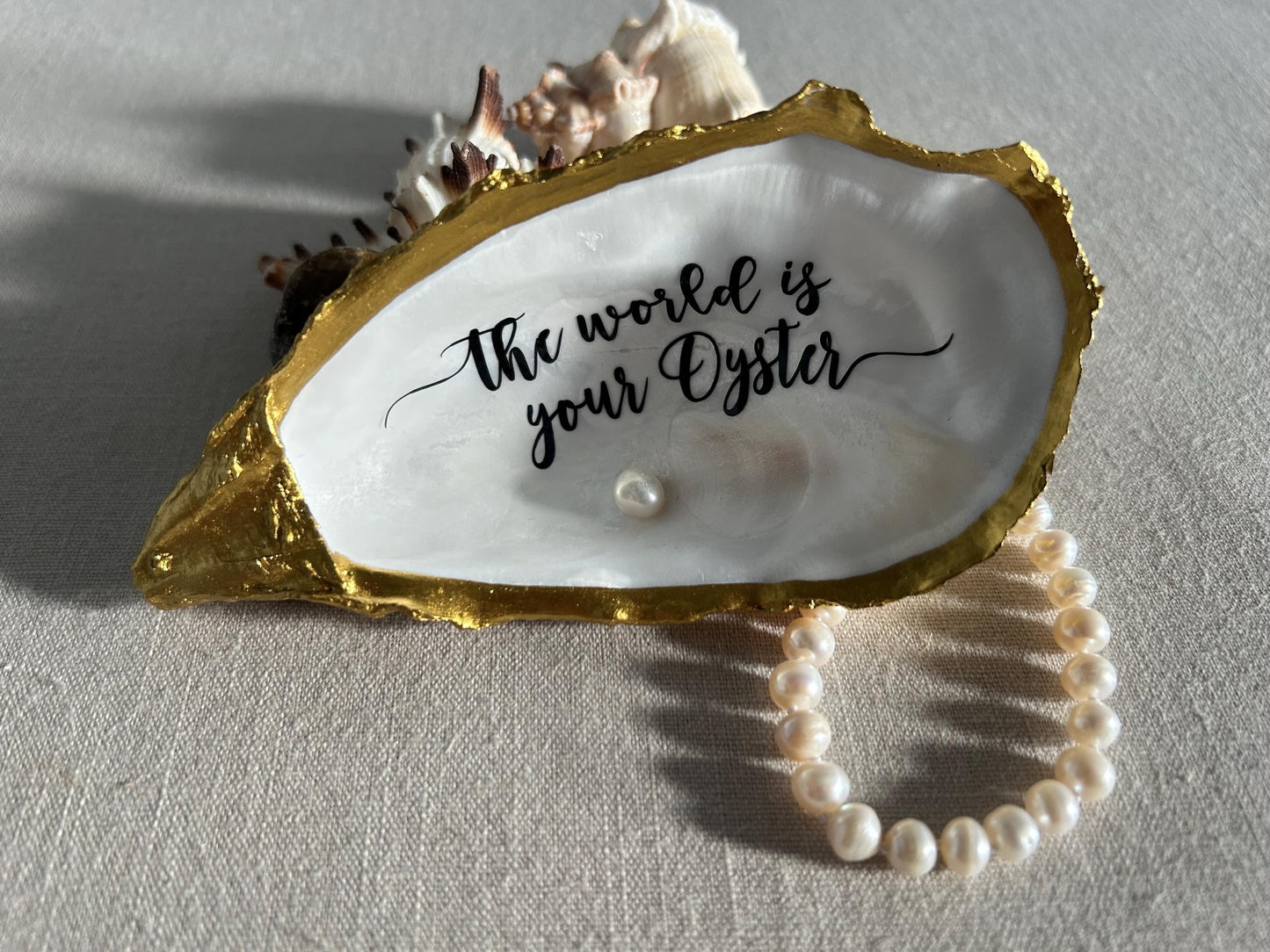 The World is your Oyster Gold Shell. Trinket Dish with Freshwater Pearl. Graduation Gift.