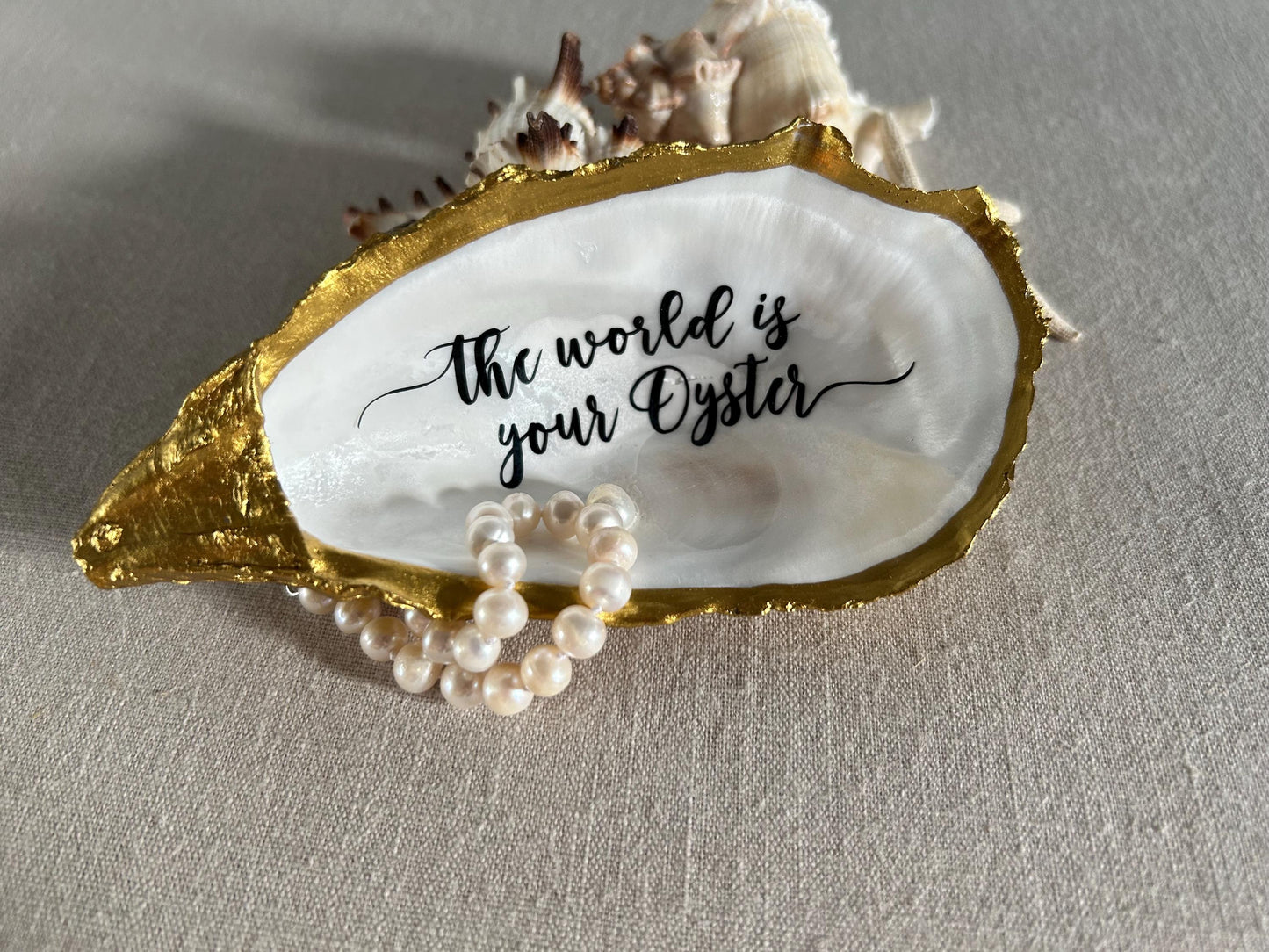 The World is your Oyster Gold Shell. Trinket Dish with Freshwater Pearl. Graduation Gift.