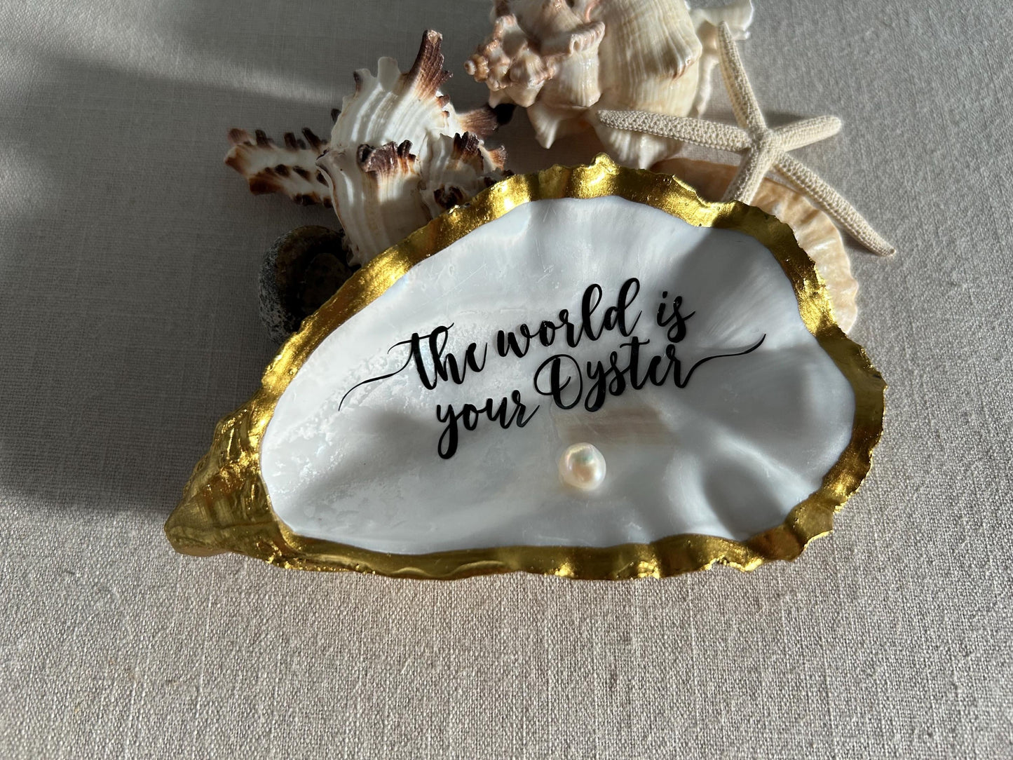 The World is your Oyster Gold Shell. Trinket Dish with Freshwater Pearl. Graduation Gift.
