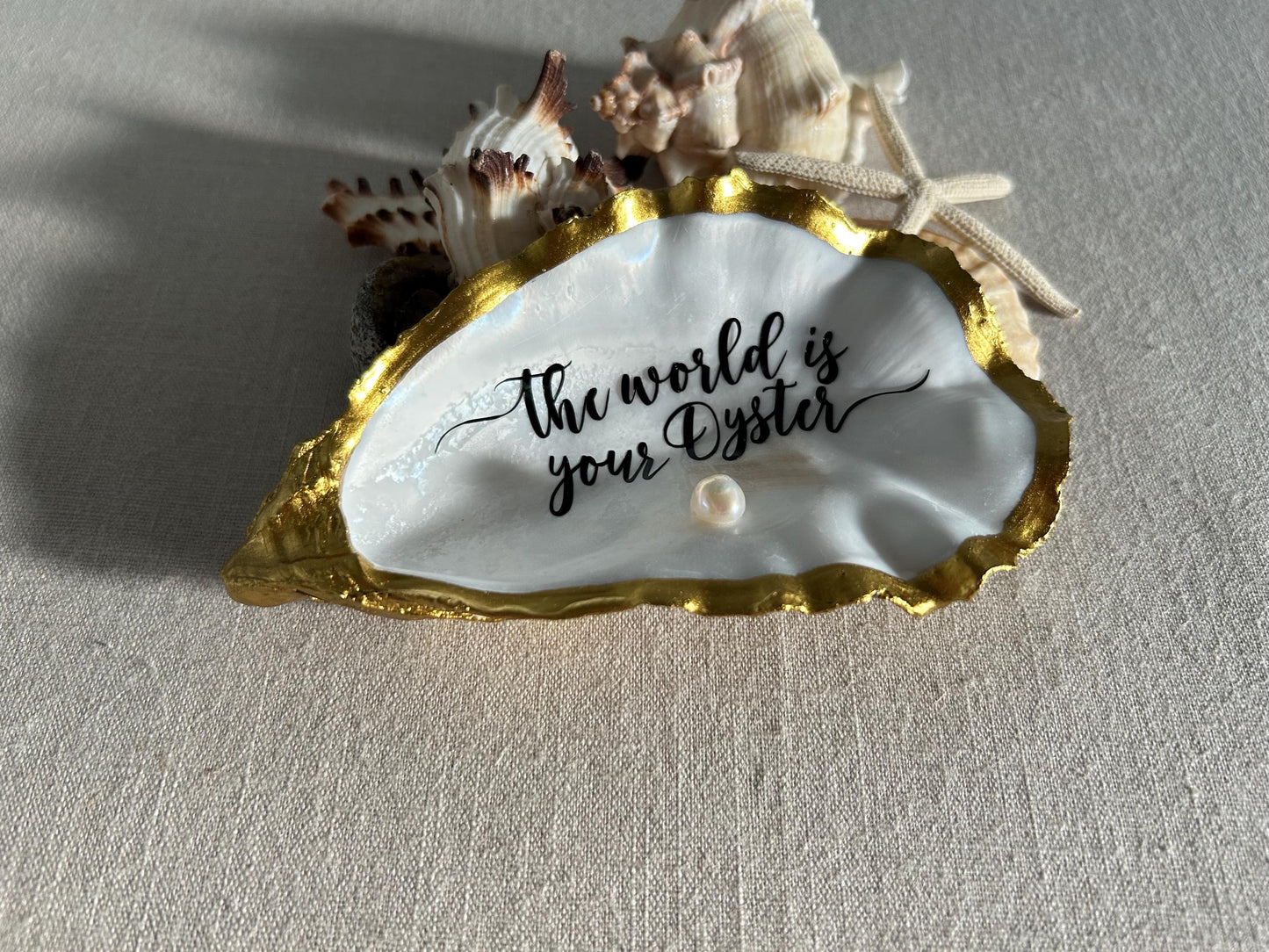 The World is your Oyster Gold Shell. Trinket Dish with Freshwater Pearl. Graduation Gift.