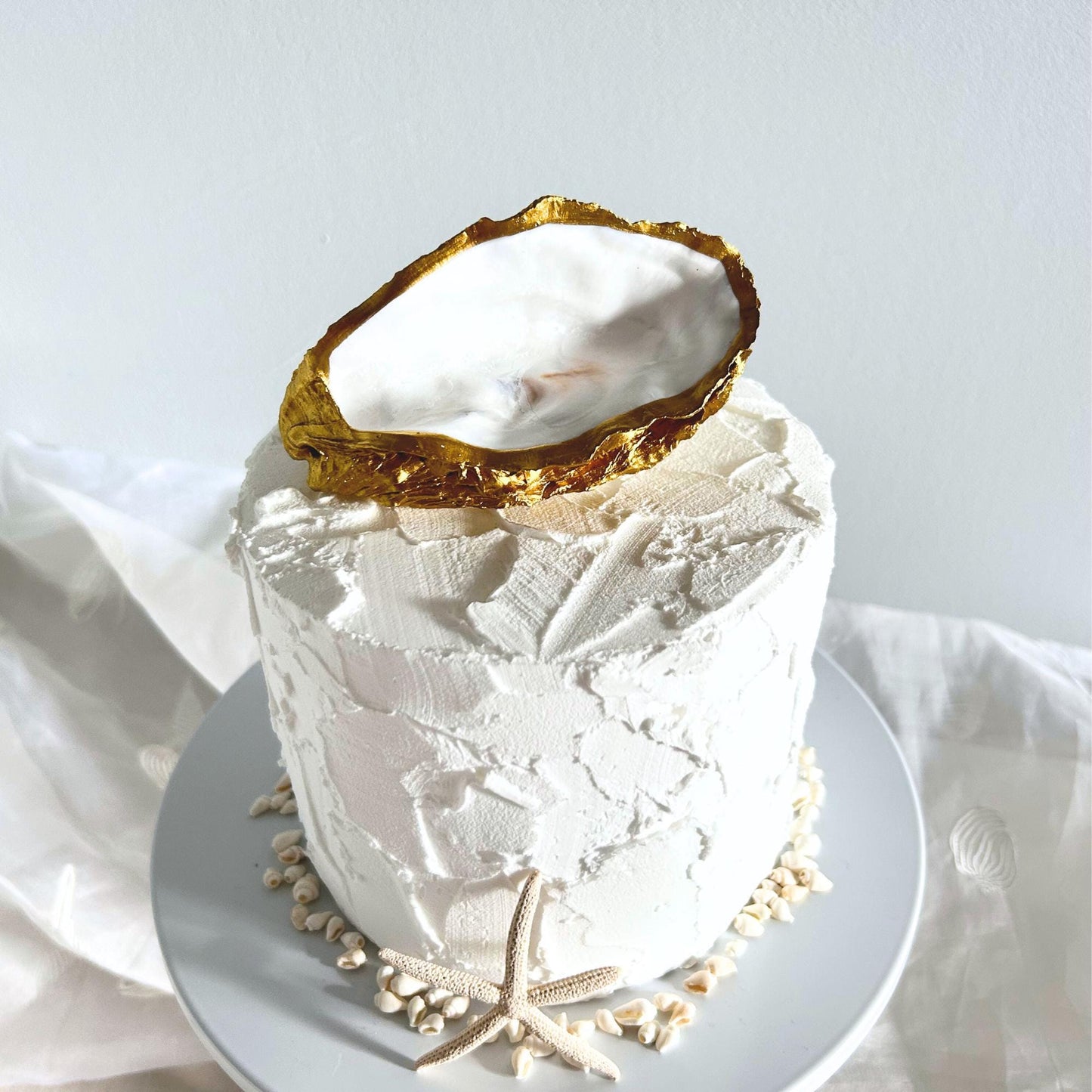 Personalised Gold Oyster Shell Cake Topper. Coastal Wedding Decoration.