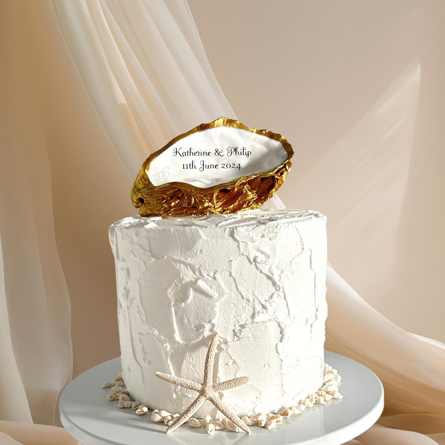 Personalised Gold Oyster Shell Cake Topper. Coastal Wedding Decoration.