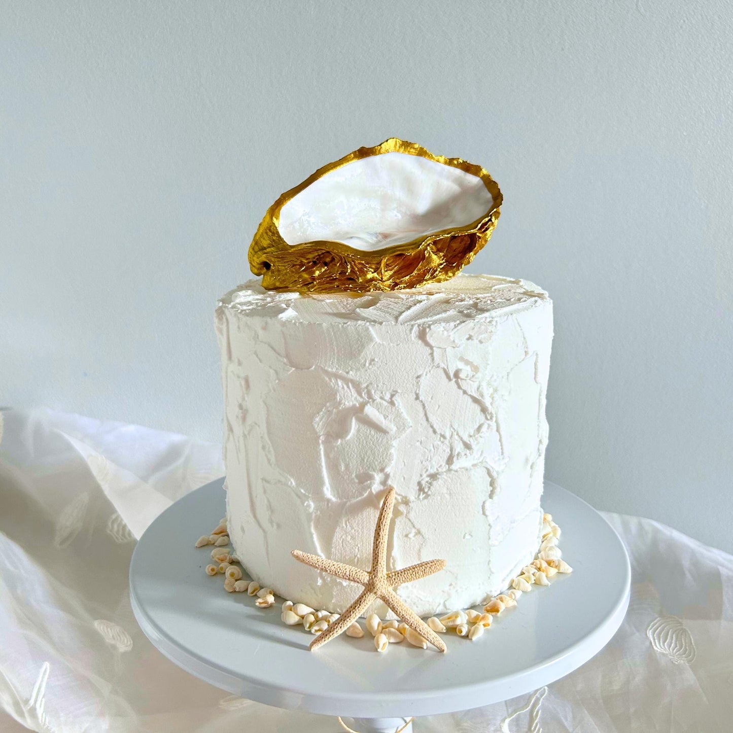 Personalised Gold Oyster Shell Cake Topper. Coastal Wedding Decoration.
