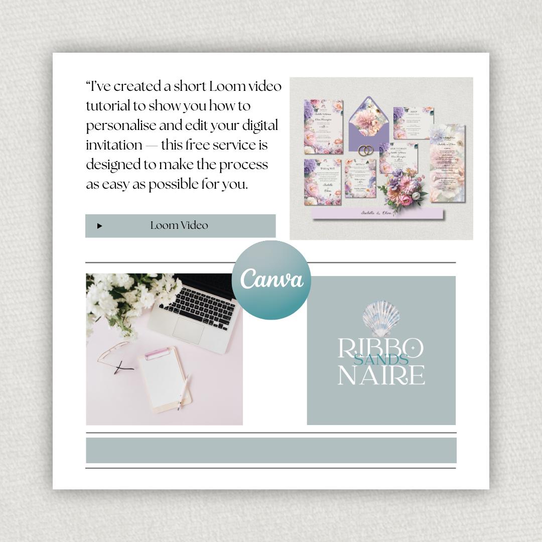 Pink and Lilac Summer Wedding Invitation Suite. Editable Floral Wedding Stationery. Pastel Canva Template.