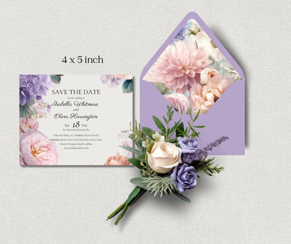 Pink and Lilac Summer Wedding Invitation Suite. Editable Floral Wedding Stationery. Pastel Canva Template.