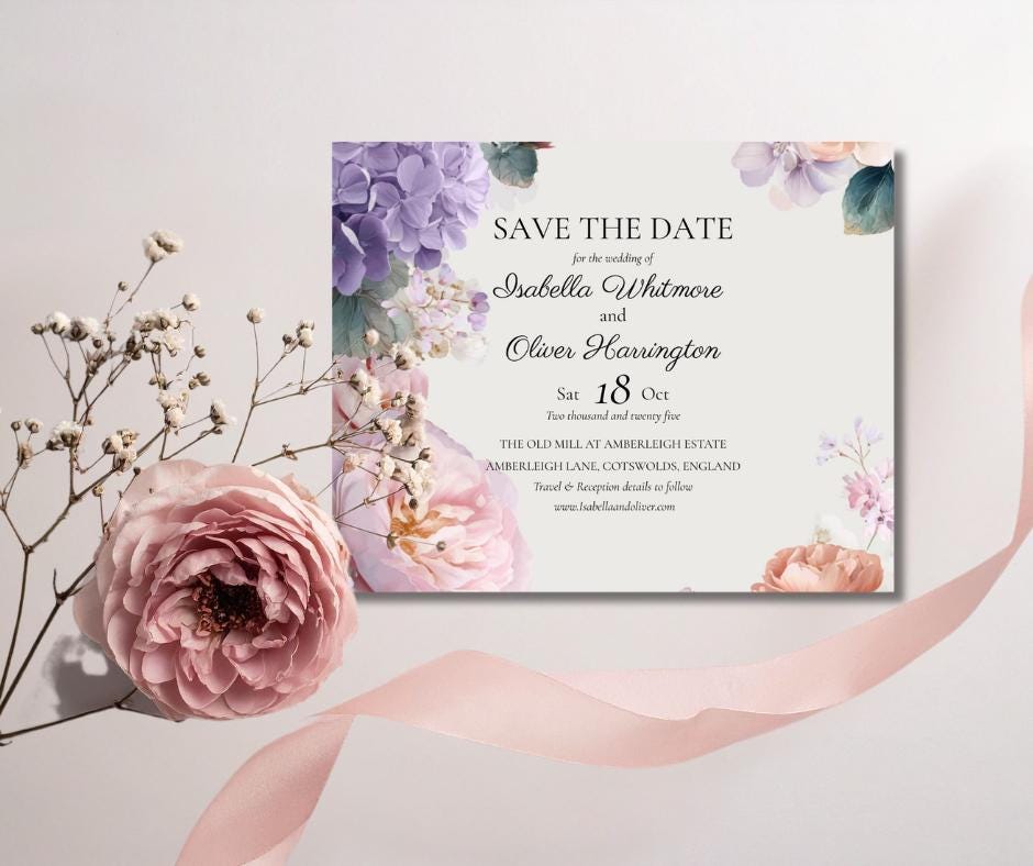 Pink and Lilac Summer Wedding Invitation Suite. Editable Floral Wedding Stationery. Pastel Canva Template.