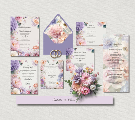 Pink and Lilac Summer Wedding Invitation Suite. Editable Floral Wedding Stationery. Pastel Canva Template.