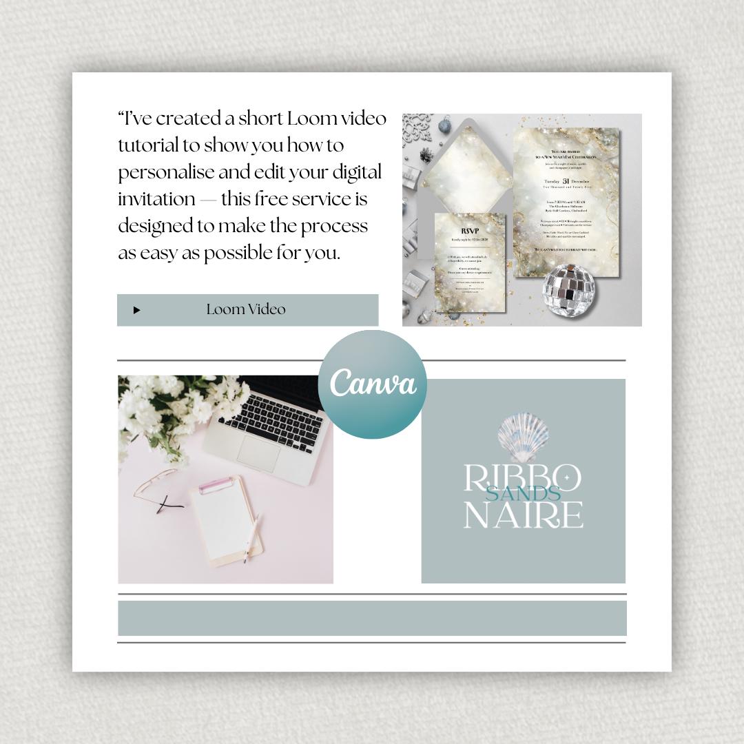 New Years Eve Party Invitation Set. Champagne Gold and Silver Sparkle Effect. Editable Template.