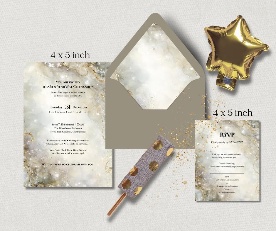 New Years Eve Party Invitation Set. Champagne Gold and Silver Sparkle Effect. Editable Template.