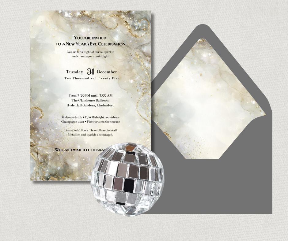 New Years Eve Party Invitation Set. Champagne Gold and Silver Sparkle Effect. Editable Template.